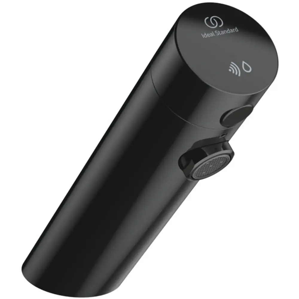 Schwarze Waschtischarmatur von Ideal Standard mit Sensorfunktion. Kompakte Bauform ohne Mischbatterie. Bedienknopf und Sensortechnologie sichtbar.